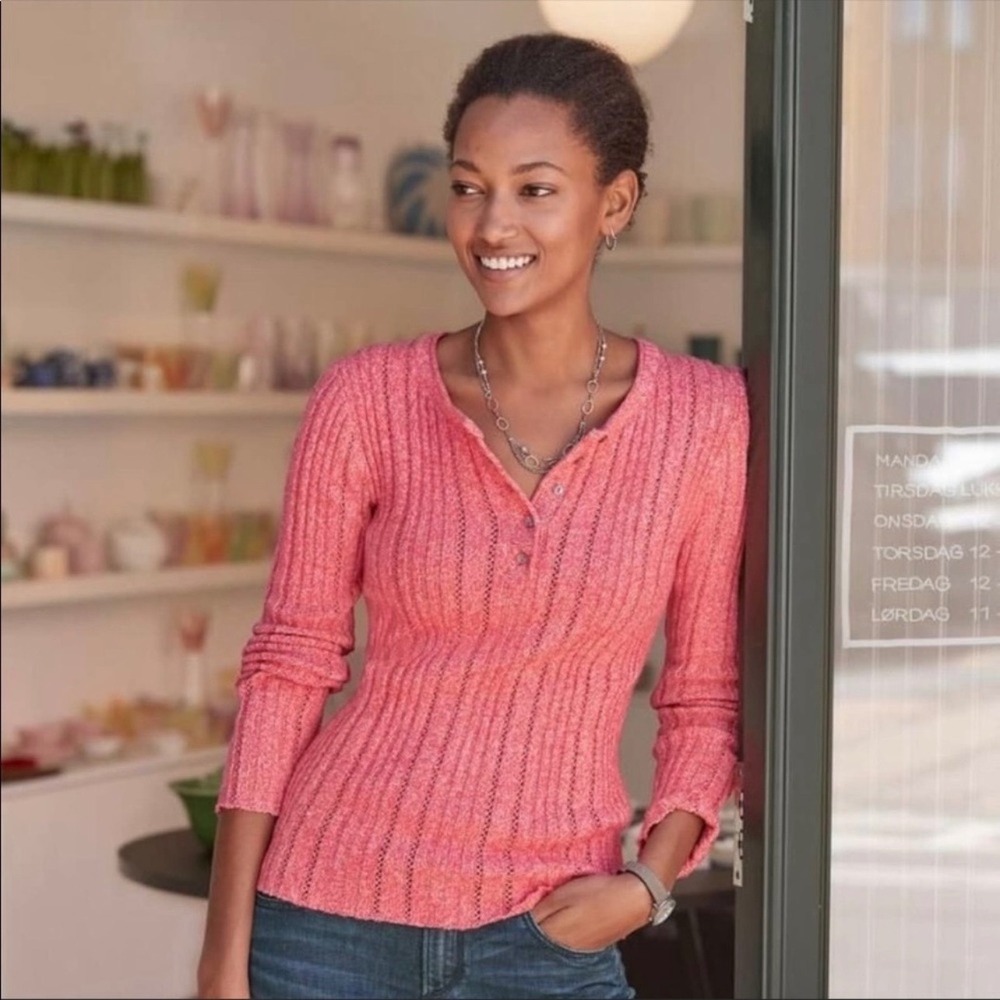 Sundance Coral Pink Echo Beauty Silk Blend Knit Long Sleeve Henley Top SZ L